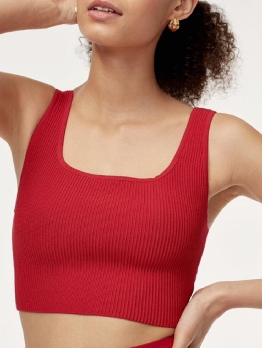 Babaton Artizia Rib Knit Red Sculpt Square Neck Crop Top M Criss-Cross Back